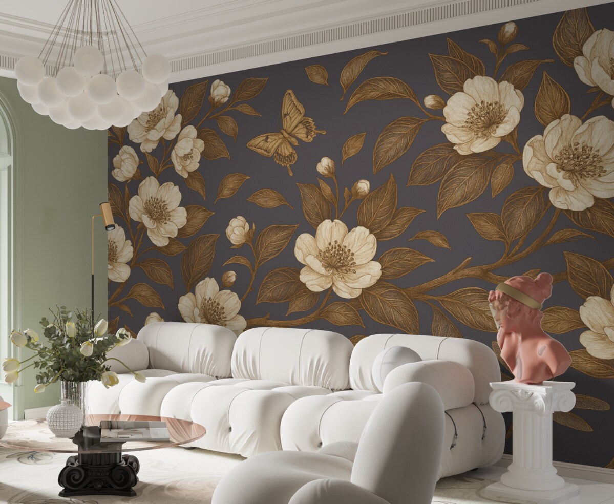 Fototapeta Gałązka kwitnącej wiśni z kwiatami, liśćmi i motylami na ciemnoszarym tle.