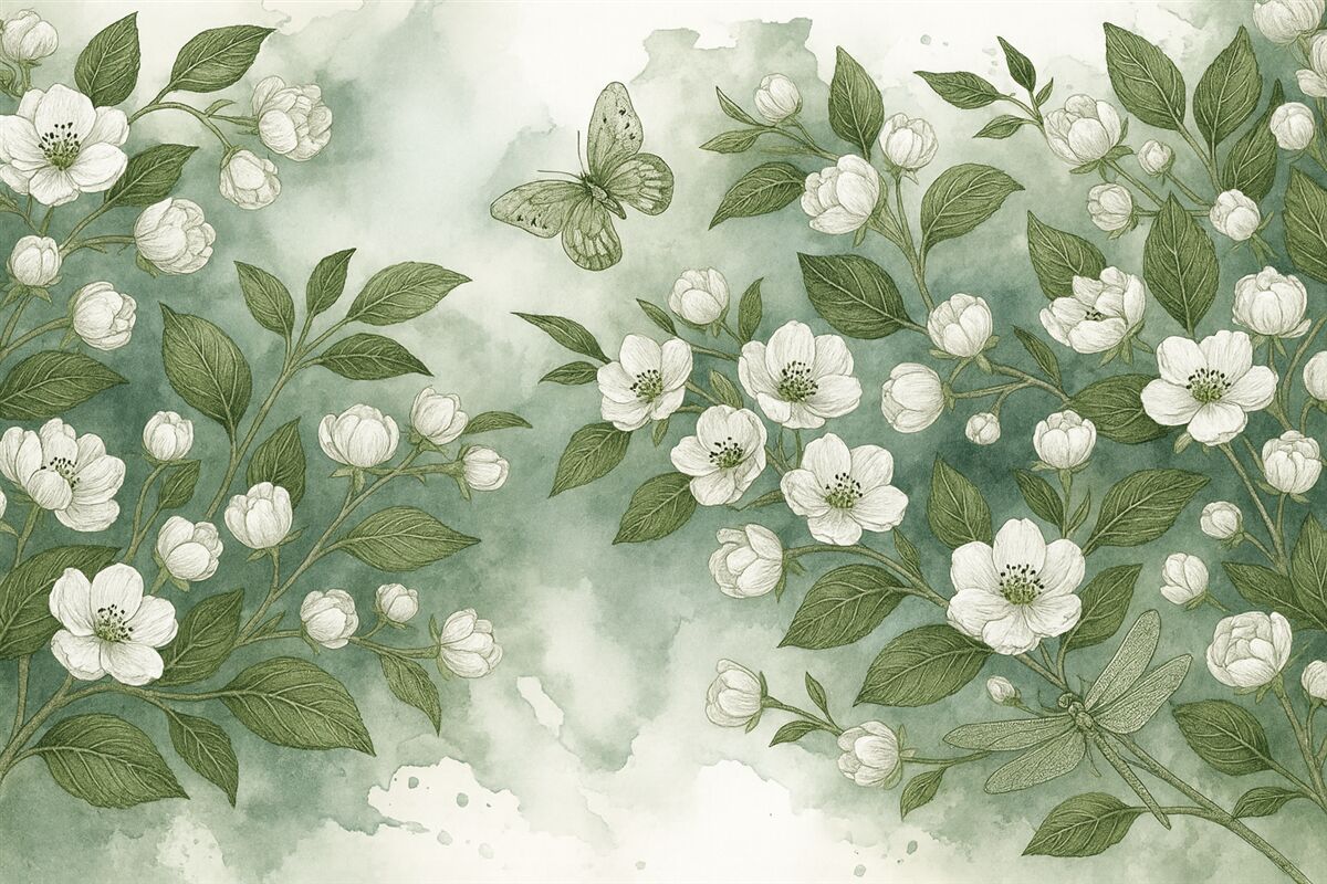 Fototapeta Gałąź kwitnącej wiśni z kwiatami, liśćmi i motylami na jasnozielonym akwarelowym tle o teksturze.