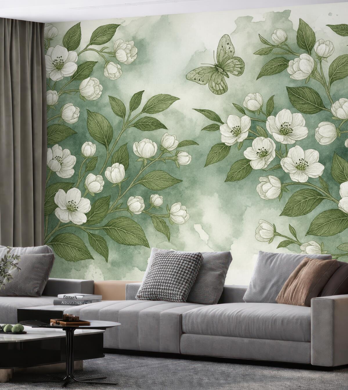 Fototapeta Gałąź kwitnącej wiśni z kwiatami, liśćmi i motylami na jasnozielonym akwarelowym tle o teksturze.