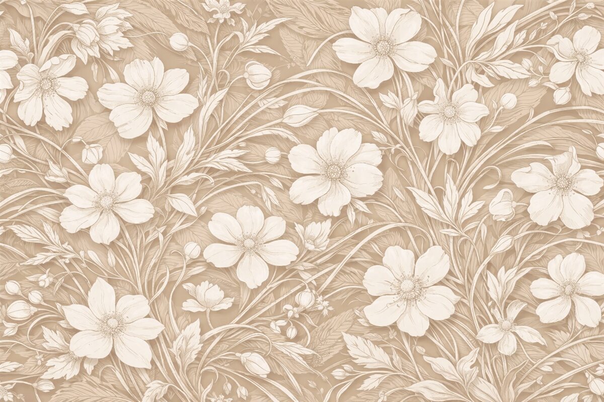 Fototapeta Subtelny minimalistyczny wzór białych kwiatów i liści na jasnobeżowym tle.