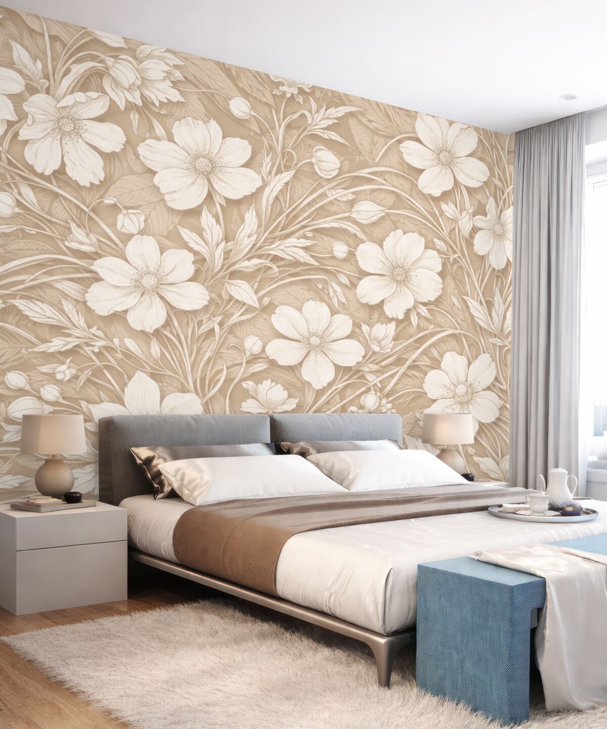 Fototapeta Subtelny minimalistyczny wzór białych kwiatów i liści na jasnobeżowym tle.