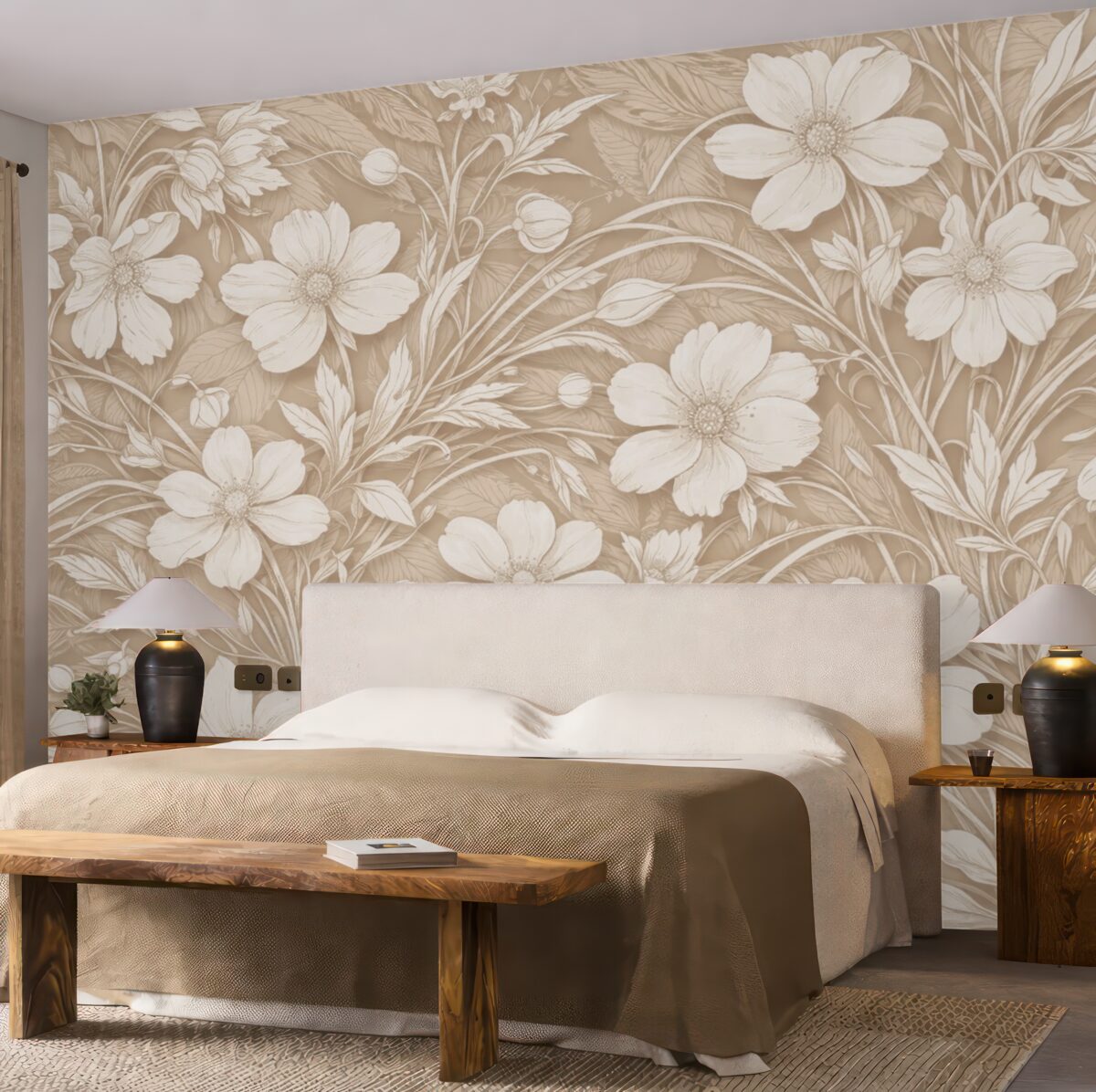 Fototapeta Subtelny minimalistyczny wzór białych kwiatów i liści na jasnobeżowym tle.