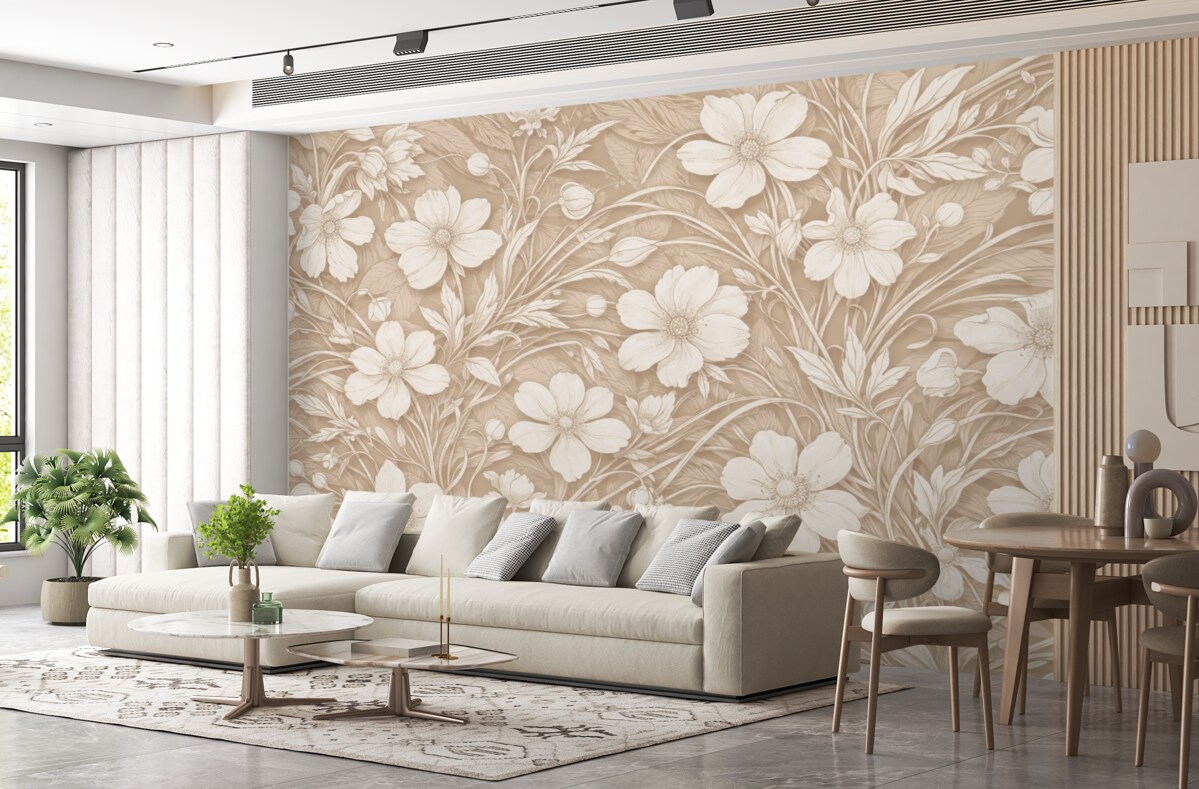 Fototapeta Subtelny minimalistyczny wzór białych kwiatów i liści na jasnobeżowym tle.