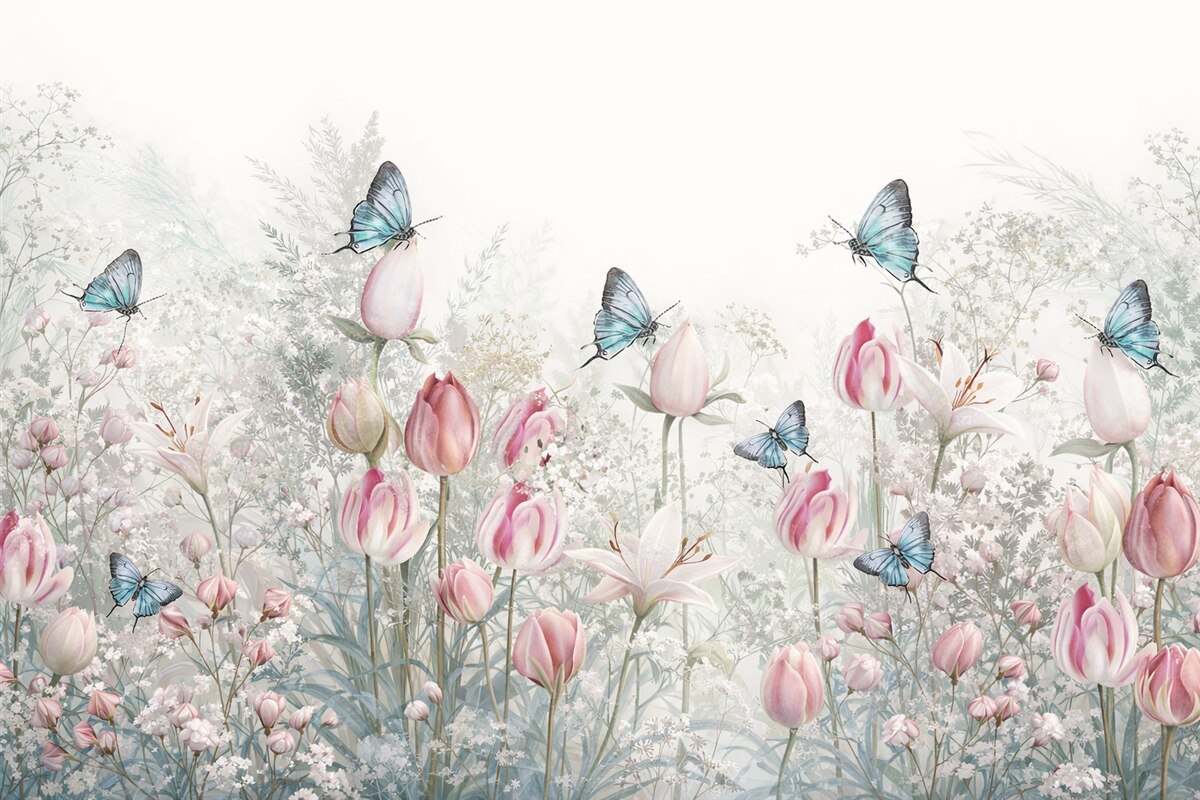 Fototapeta Pastelowy wzór z tulipanami, trawą i latającymi motylami w ogrodzie.