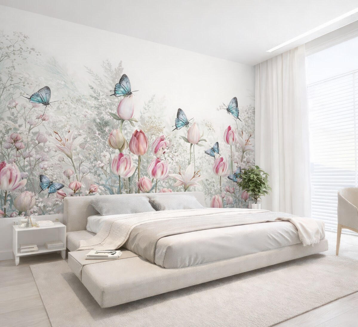 Fototapeta Pastelowy wzór z tulipanami, trawą i latającymi motylami w ogrodzie.