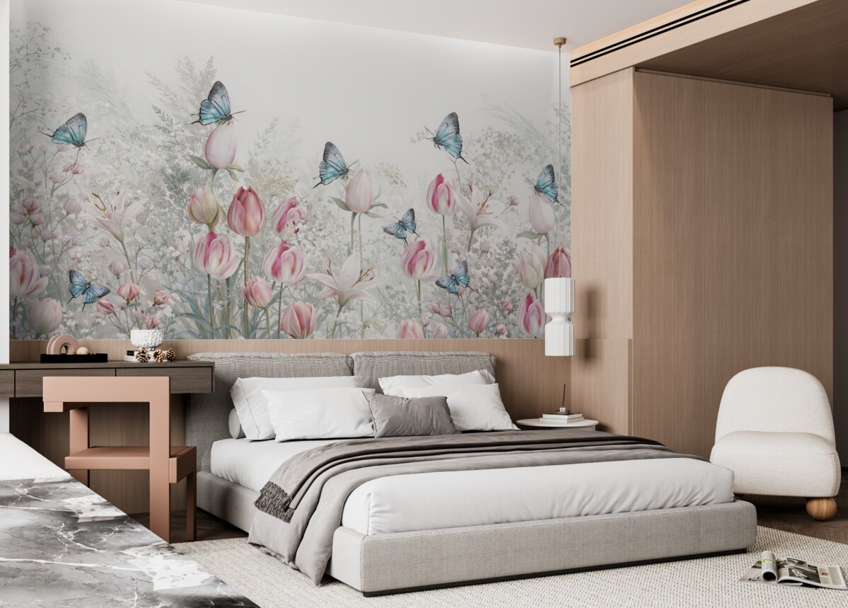 Fototapeta Pastelowy wzór z tulipanami, trawą i latającymi motylami w ogrodzie.