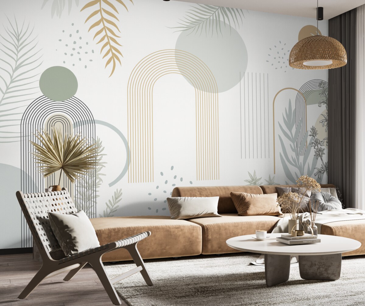 Fototapeta Abstrakcyjny wzór z geometrycznymi figurami, łukami i tropikalnymi liśćmi na jasnym tle.
