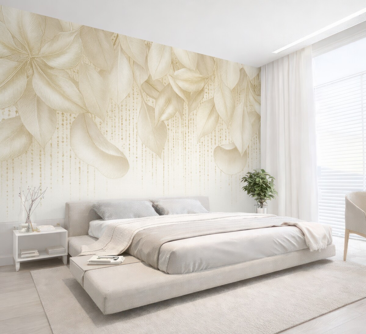 Fototapeta Białe, dokładne tropikalne liście oraz żółte plamki na białym tle.