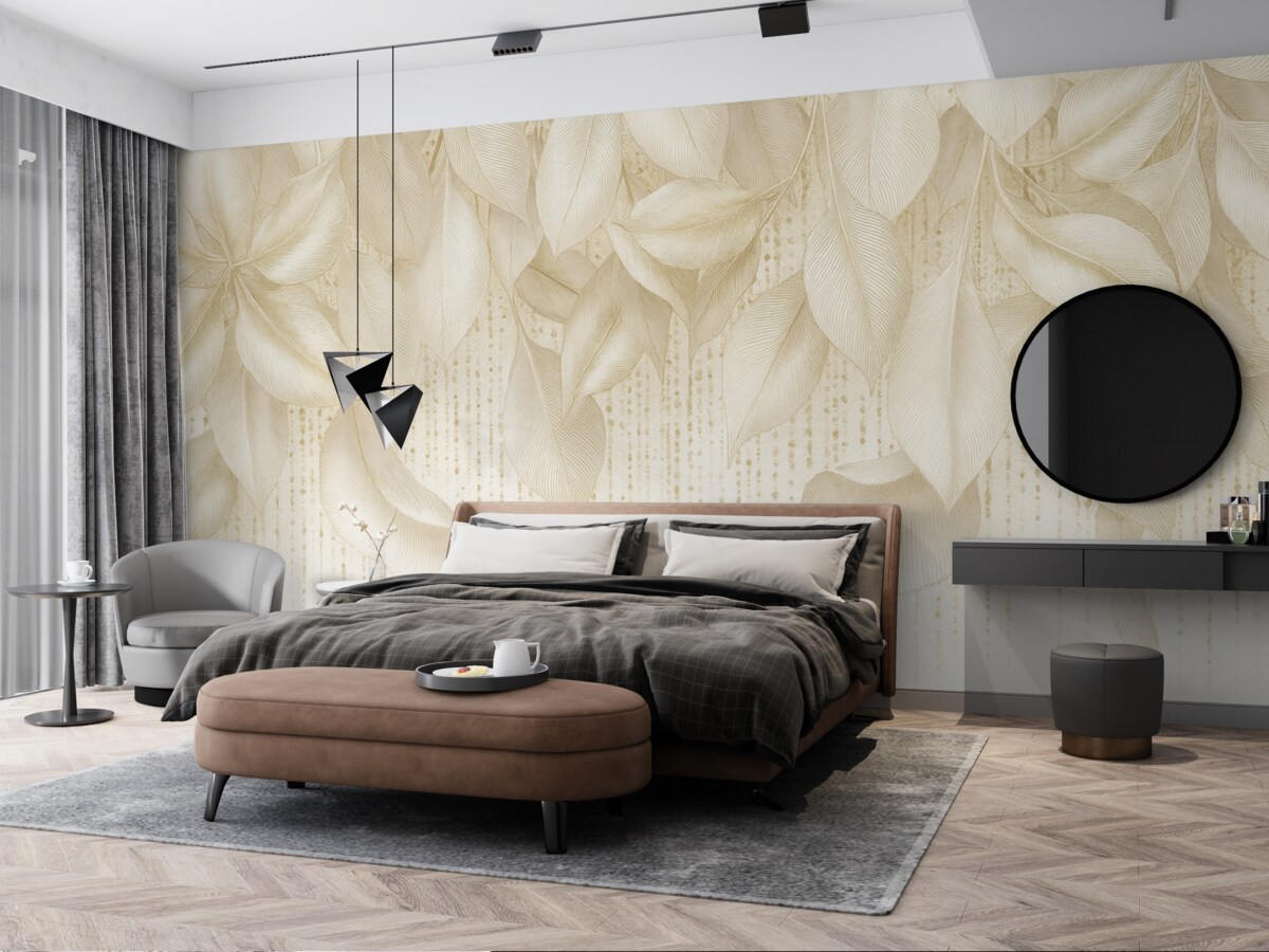 Fototapeta Białe, dokładne tropikalne liście oraz żółte plamki na białym tle.