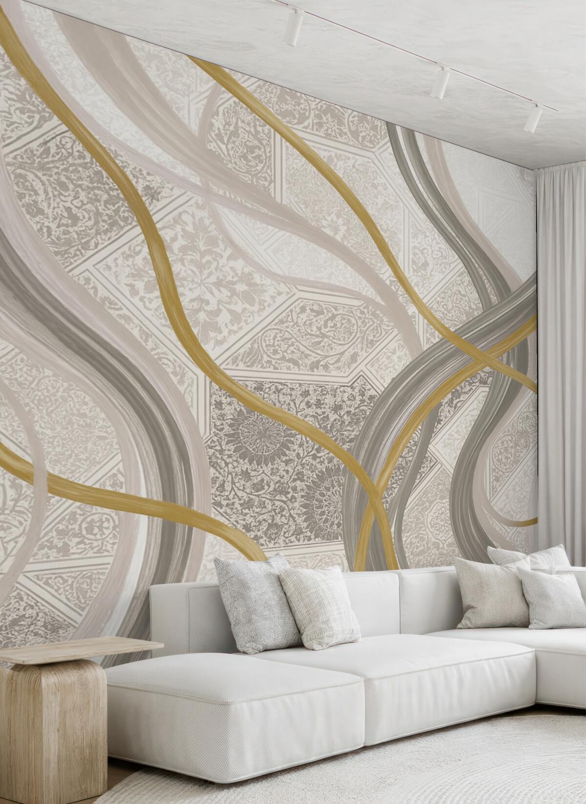 Fototapeta Abstrakcyjny obrazek z geometrycznymi motywami oraz krzywymi liniami w odcieniach beżu, szarości i żółci.