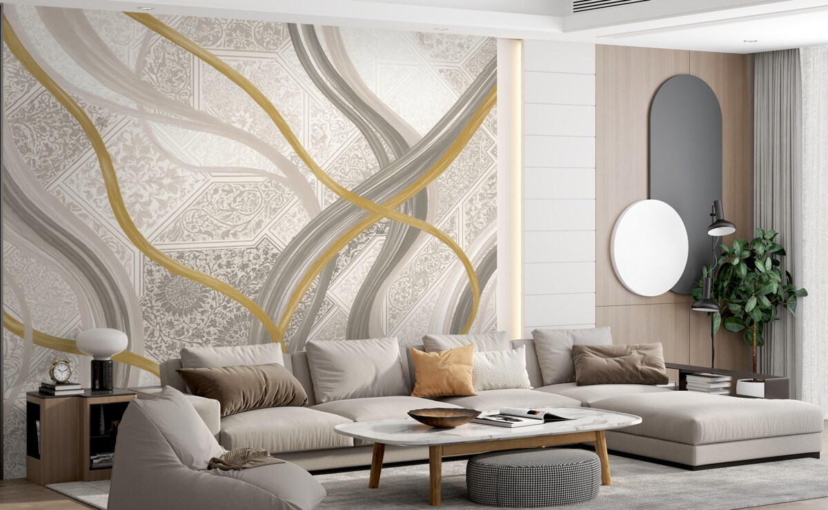 Fototapeta Abstrakcyjny obrazek z geometrycznymi motywami oraz krzywymi liniami w odcieniach beżu, szarości i żółci.