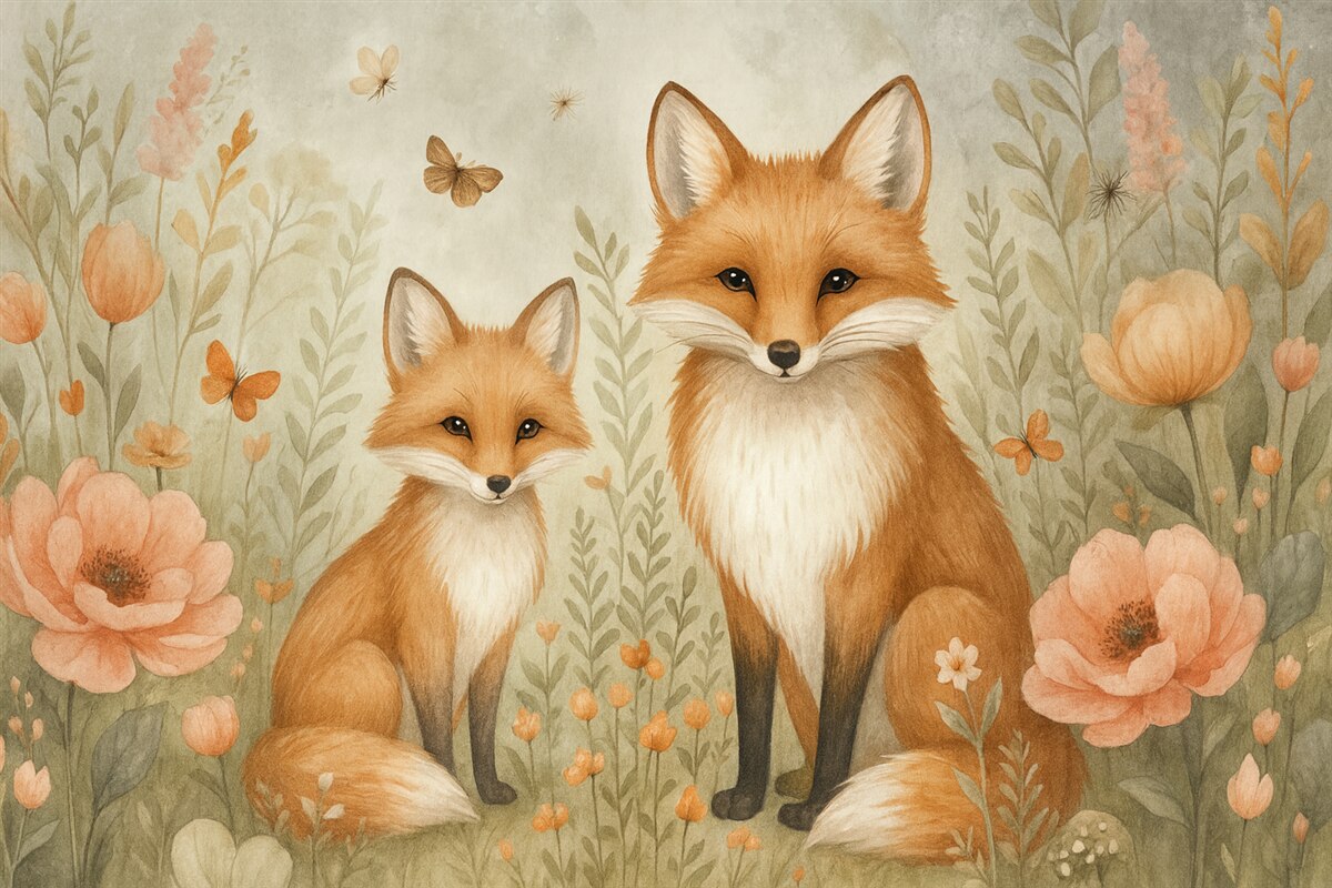 Fototapeta Dwa lisy wśród kwiatów, naśladujący akwarelę.