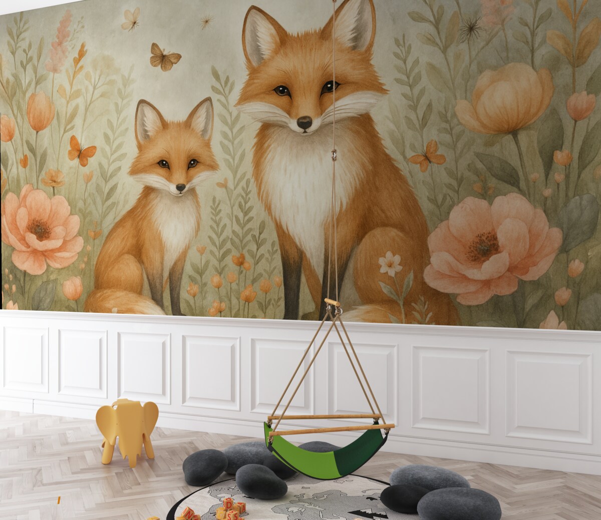 Fototapeta Dwa lisy wśród kwiatów, naśladujący akwarelę.