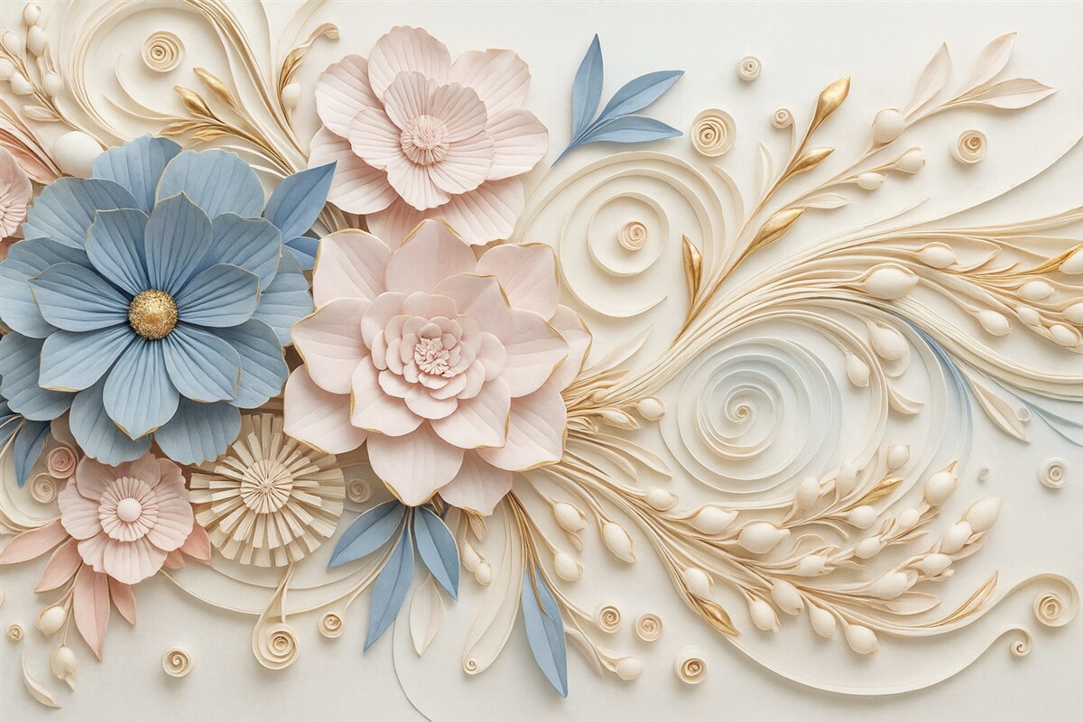 Fototapeta Subtelna kompozycja kwiatowa w tonacjach różu i błękitu z gładkim reliefowym tłem.