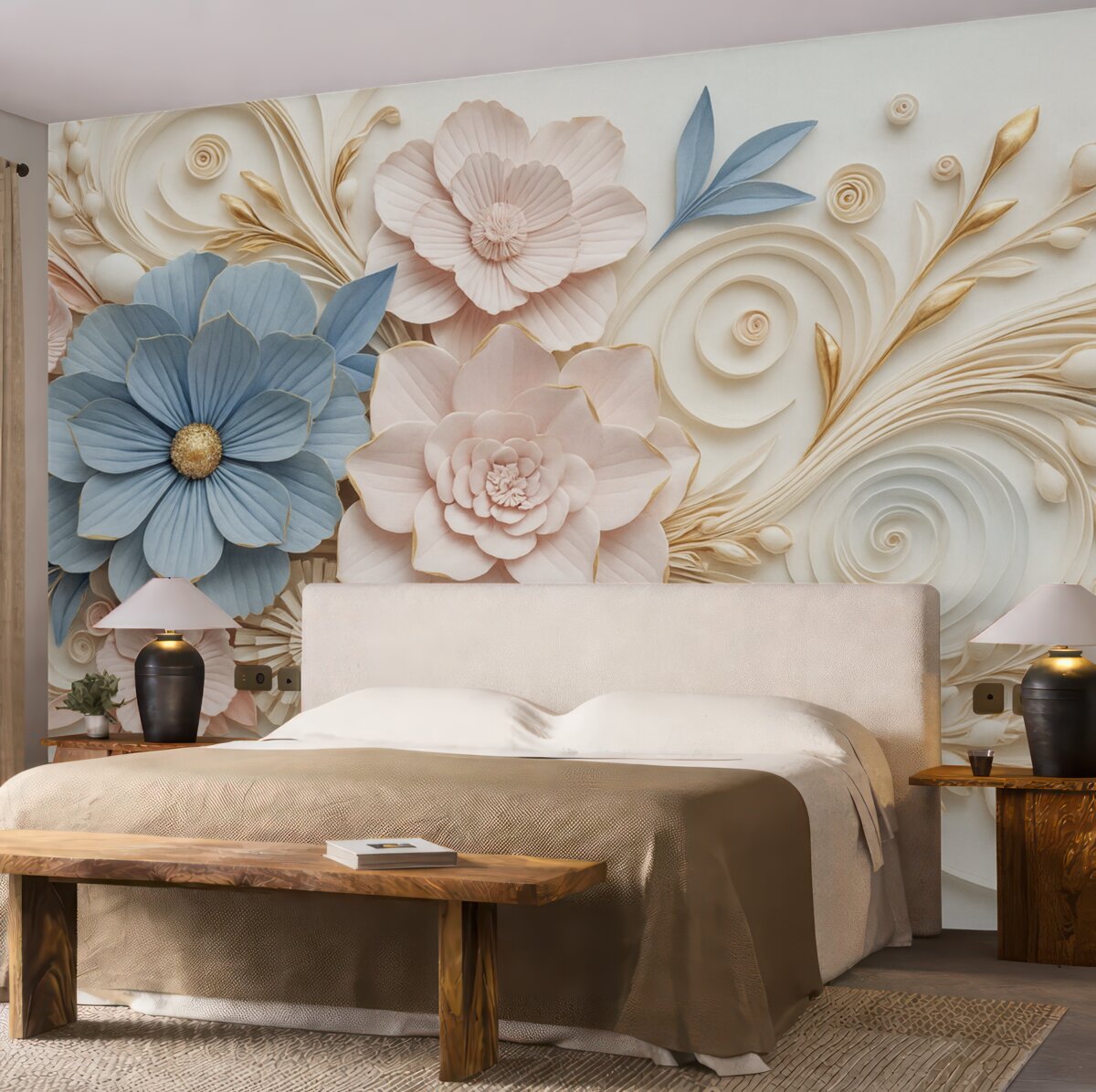 Fototapeta Subtelna kompozycja kwiatowa w tonacjach różu i błękitu z gładkim reliefowym tłem.