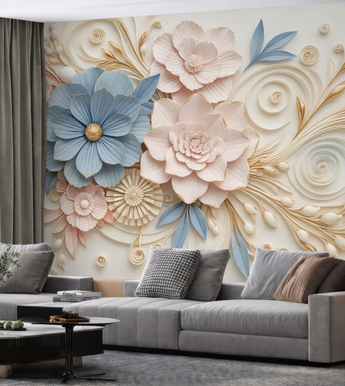 Fototapeta Subtelna kompozycja kwiatowa w tonacjach różu i błękitu z gładkim reliefowym tłem.