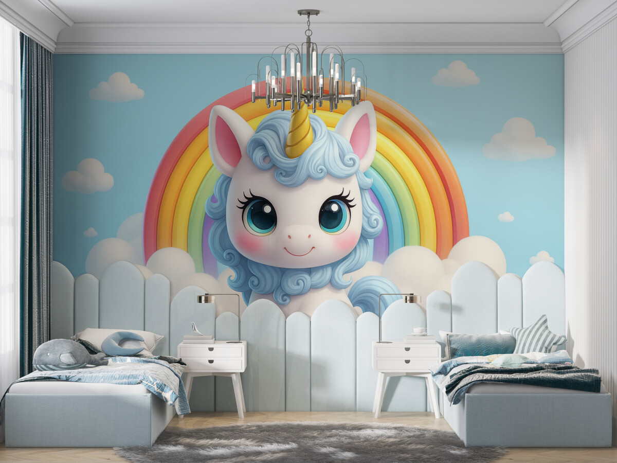 Fototapeta Cudowny jednorożec 3D otoczony chmurami i kolorową tęczą.