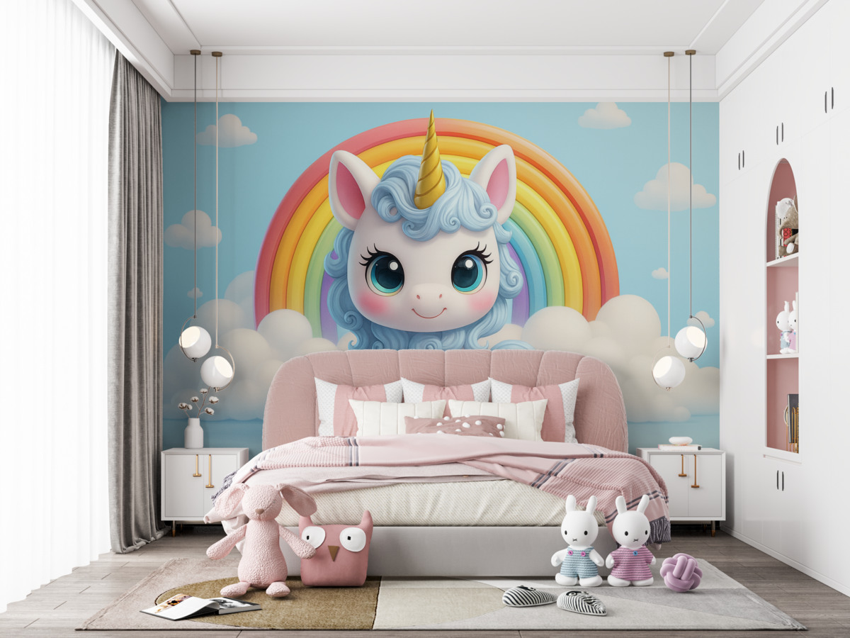 Fototapeta Cudowny jednorożec 3D otoczony chmurami i kolorową tęczą.