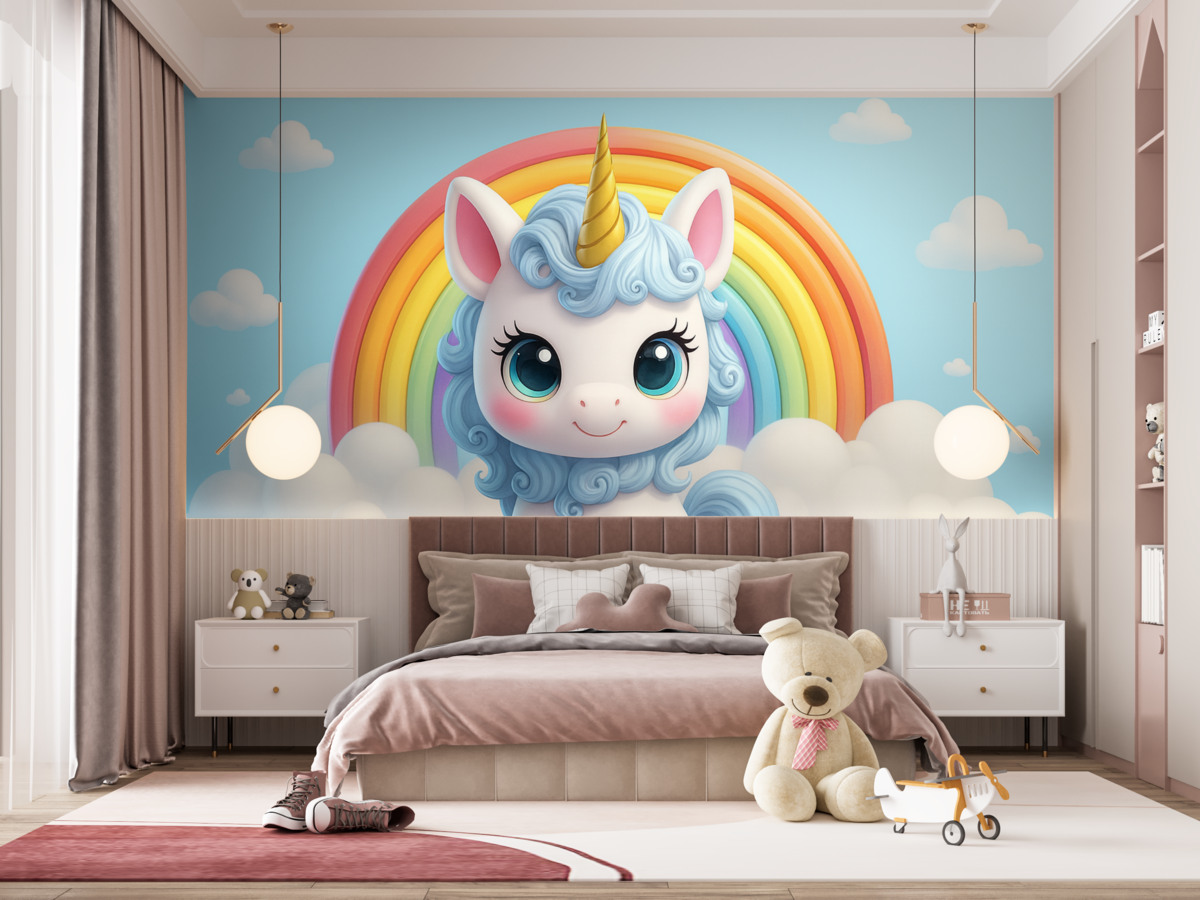 Fototapeta Cudowny jednorożec 3D otoczony chmurami i kolorową tęczą.