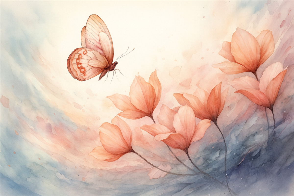 Fototapeta Subtelne maki z motylem w technice akwarelowej.