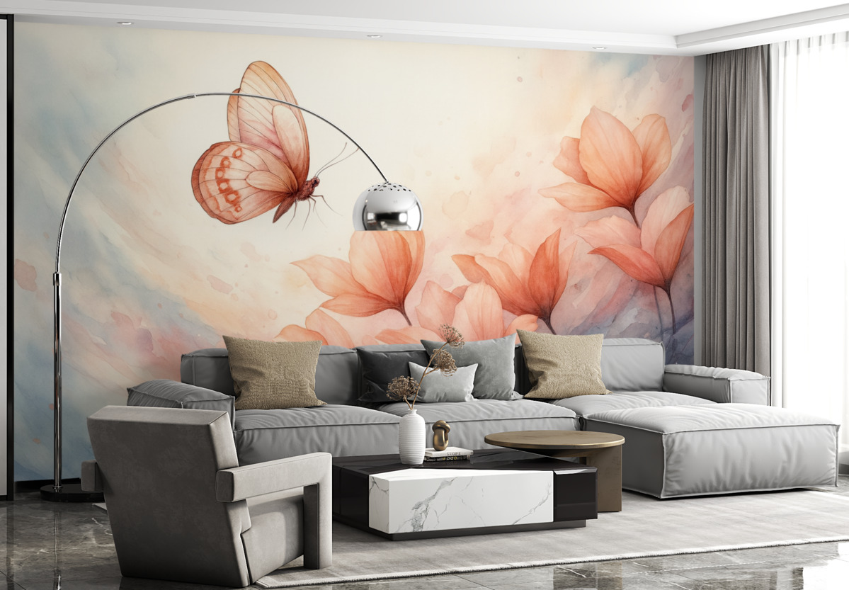 Fototapeta Subtelne maki z motylem w technice akwarelowej.