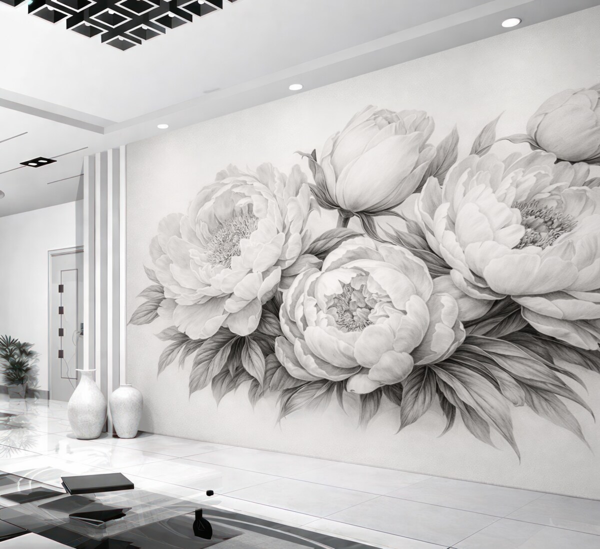 Fototapeta Czarno-białe piwonie w stylu rysunku grafitem.