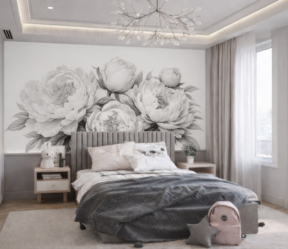 Fototapeta Czarno-białe piwonie w stylu rysunku grafitem.