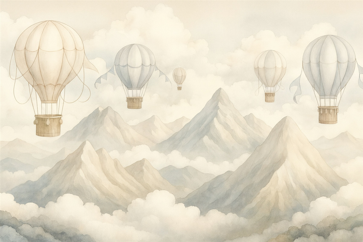 Fototapeta Balony na gorące powietrze unoszące się nad szczytami w stonowanych, subtelnych pastelowych tonach.