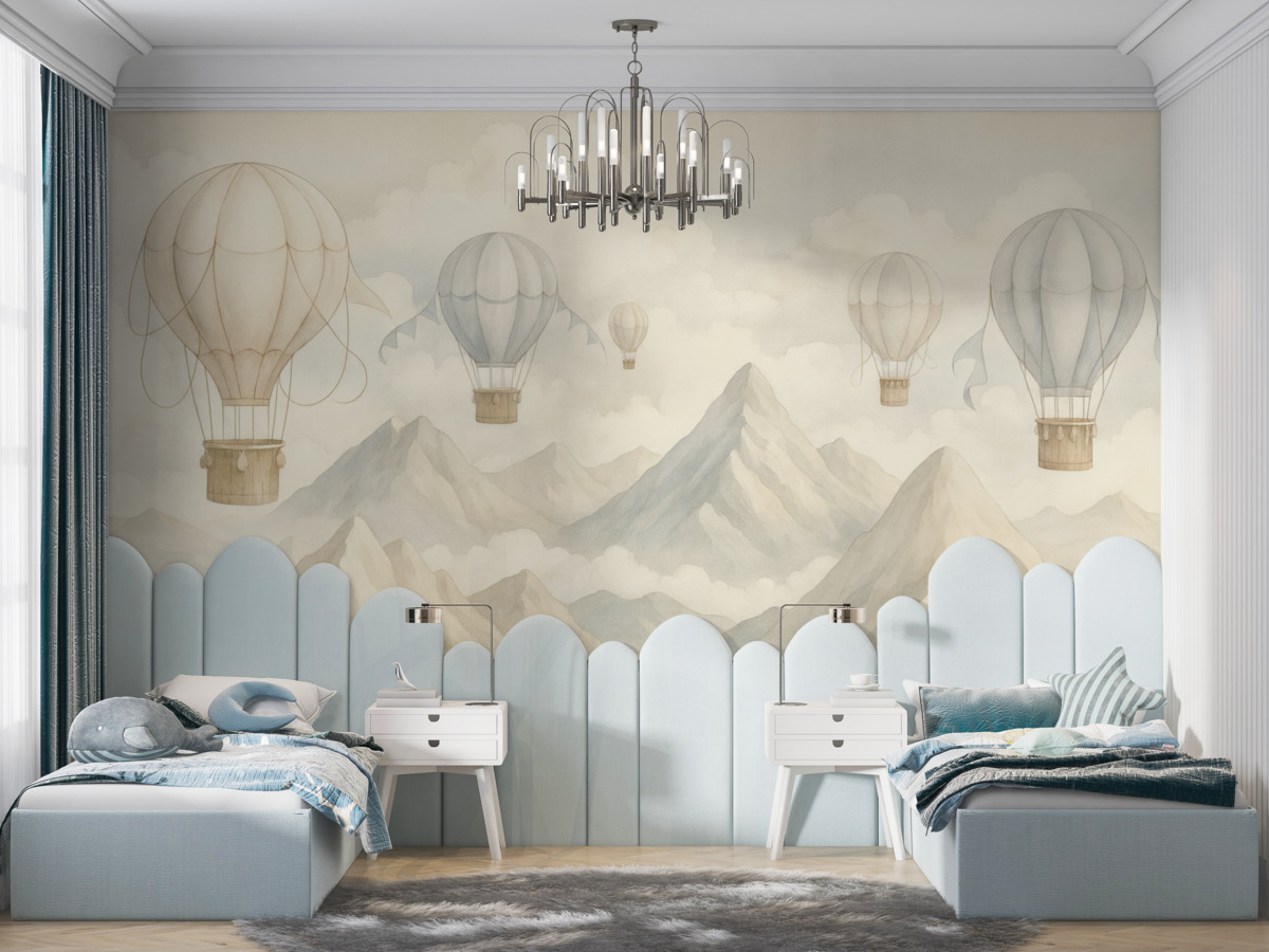 Fototapeta Balony na gorące powietrze unoszące się nad szczytami w stonowanych, subtelnych pastelowych tonach.