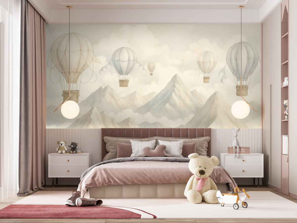 Fototapeta Balony na gorące powietrze unoszące się nad szczytami w stonowanych, subtelnych pastelowych tonach.