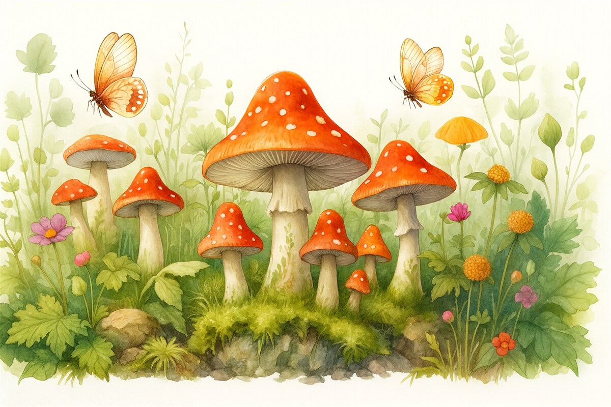 Fototapeta Leśny pejzaż na białym tle w stylu akwarelowym z grzybami, żabami i motylami.