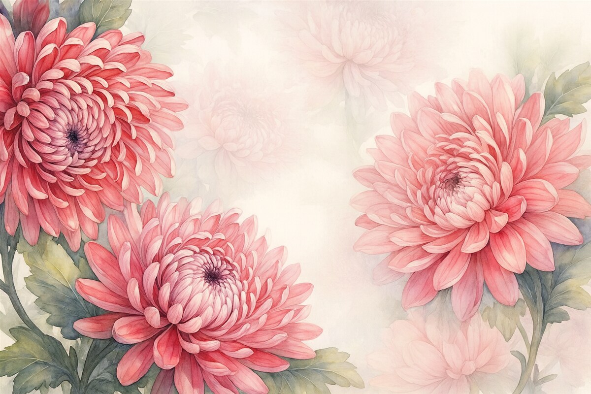 Fototapeta Kwiaty chryzantem w stylu akwareli w jasnym odcieniu malinowym.
