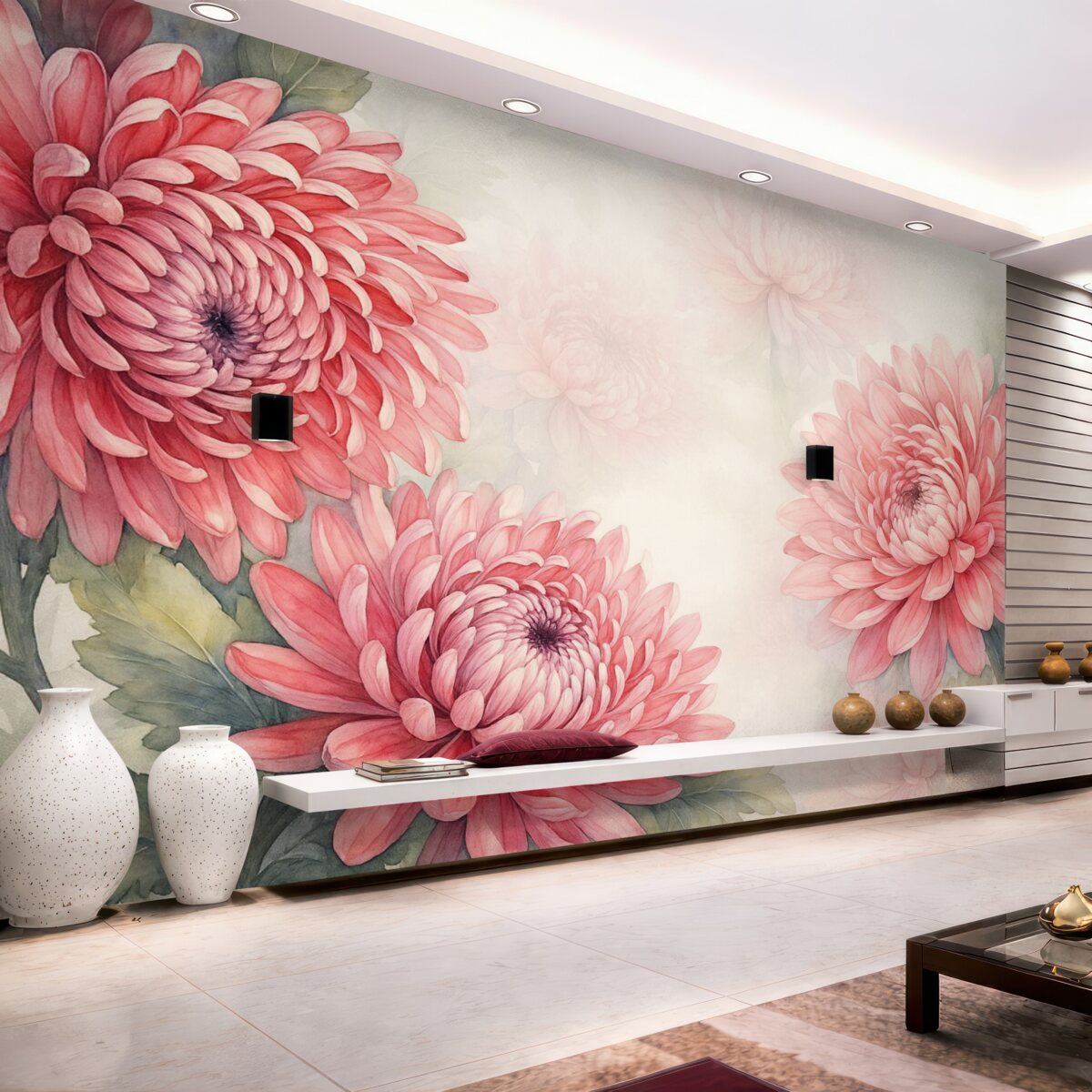 Fototapeta Kwiaty chryzantem w stylu akwareli w jasnym odcieniu malinowym.