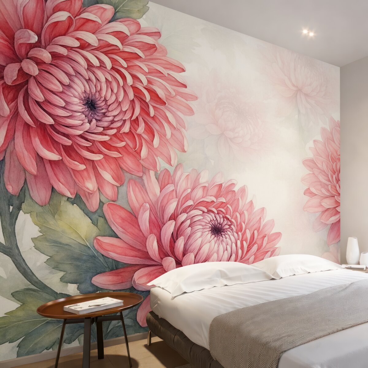 Fototapeta Kwiaty chryzantem w stylu akwareli w jasnym odcieniu malinowym.