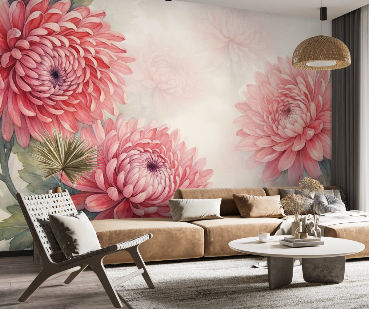 Fototapeta Kwiaty chryzantem w stylu akwareli w jasnym odcieniu malinowym.