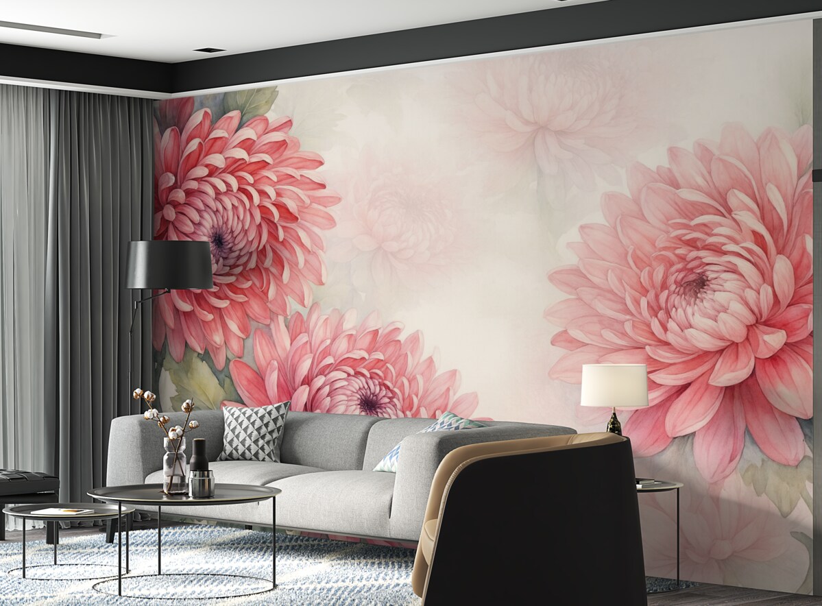 Fototapeta Kwiaty chryzantem w stylu akwareli w jasnym odcieniu malinowym.