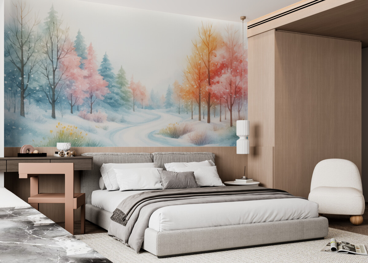 Fototapeta Zimowy las pełen życia w akwarelowym stylu.