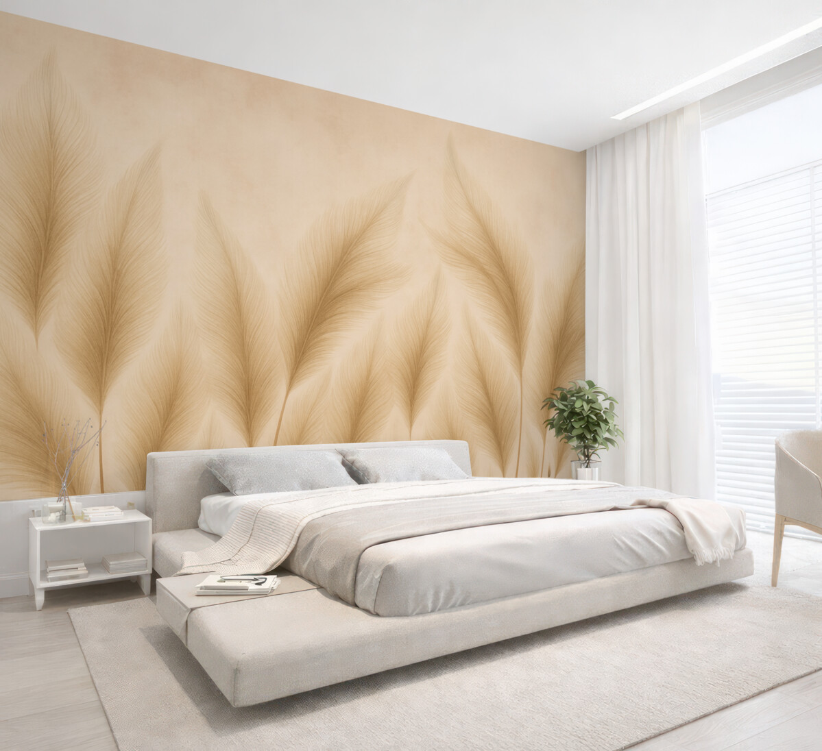 Fototapeta Rośliny trzciny na beżowym, zużytym tle.