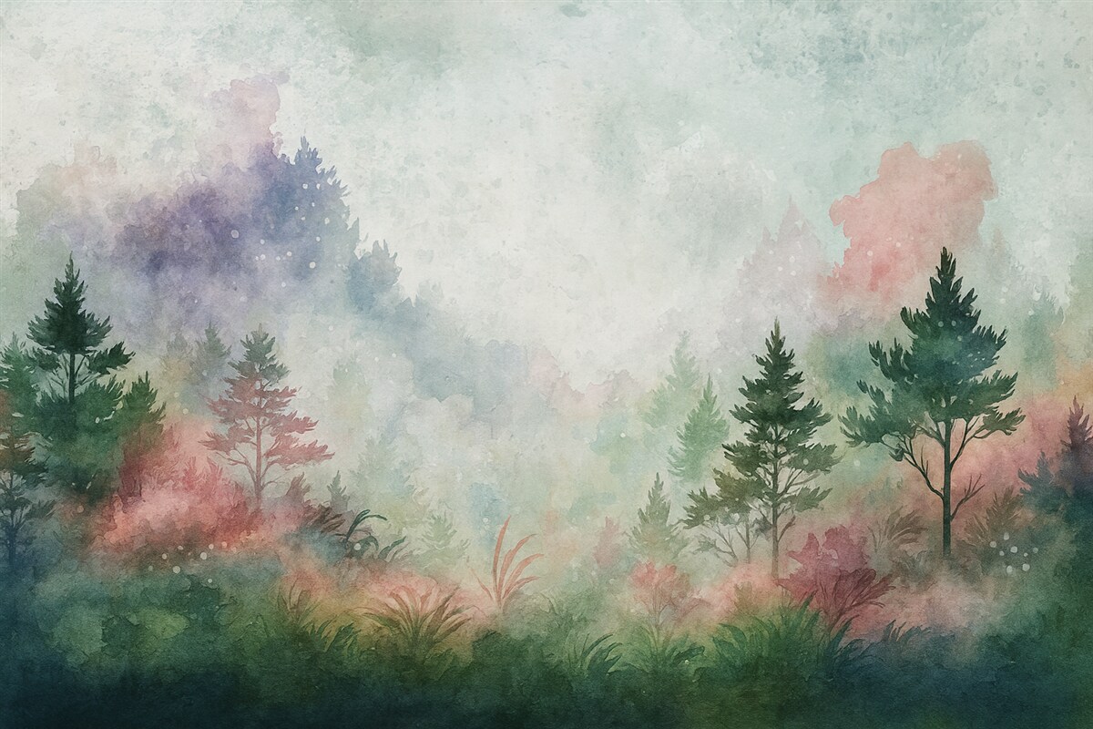 Fototapeta Las, nawiązujący do akwareli z różowymi plamkami.