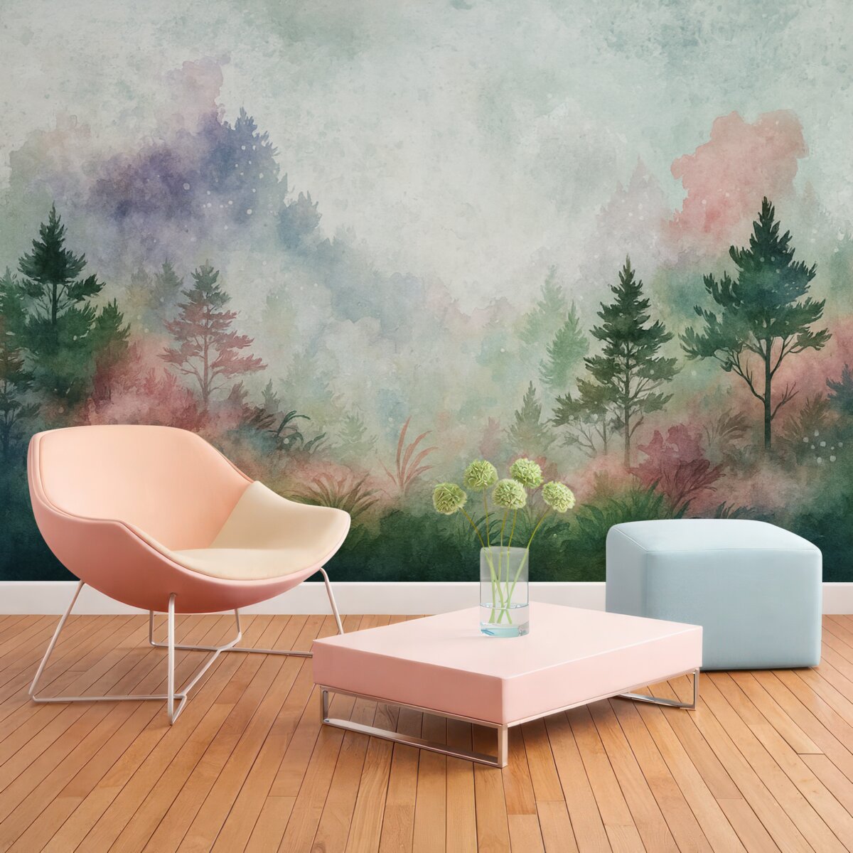 Fototapeta Las, nawiązujący do akwareli z różowymi plamkami.