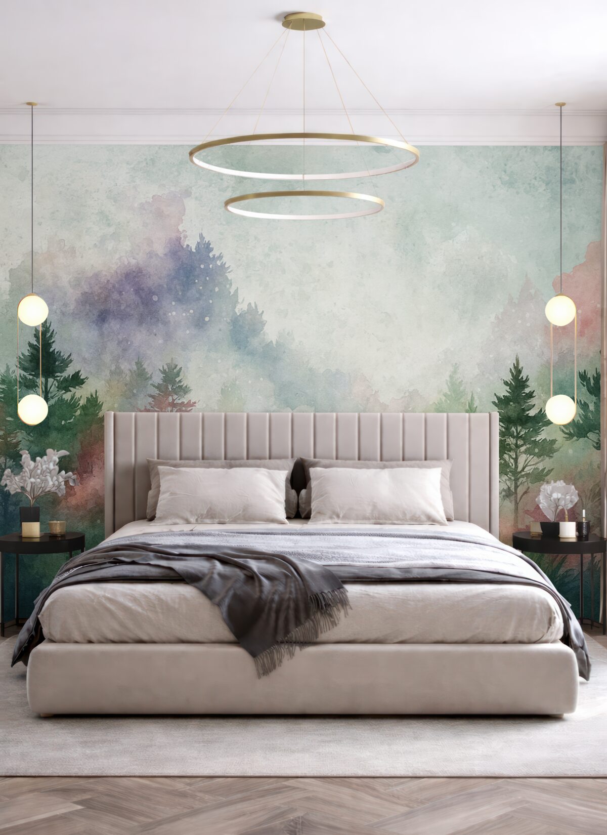 Fototapeta Las, nawiązujący do akwareli z różowymi plamkami.