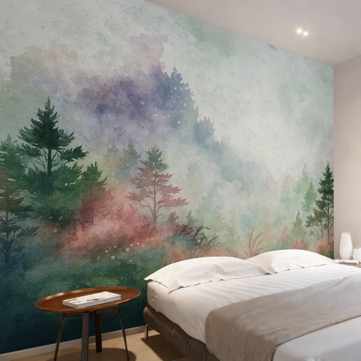 Fototapeta Las, nawiązujący do akwareli z różowymi plamkami.