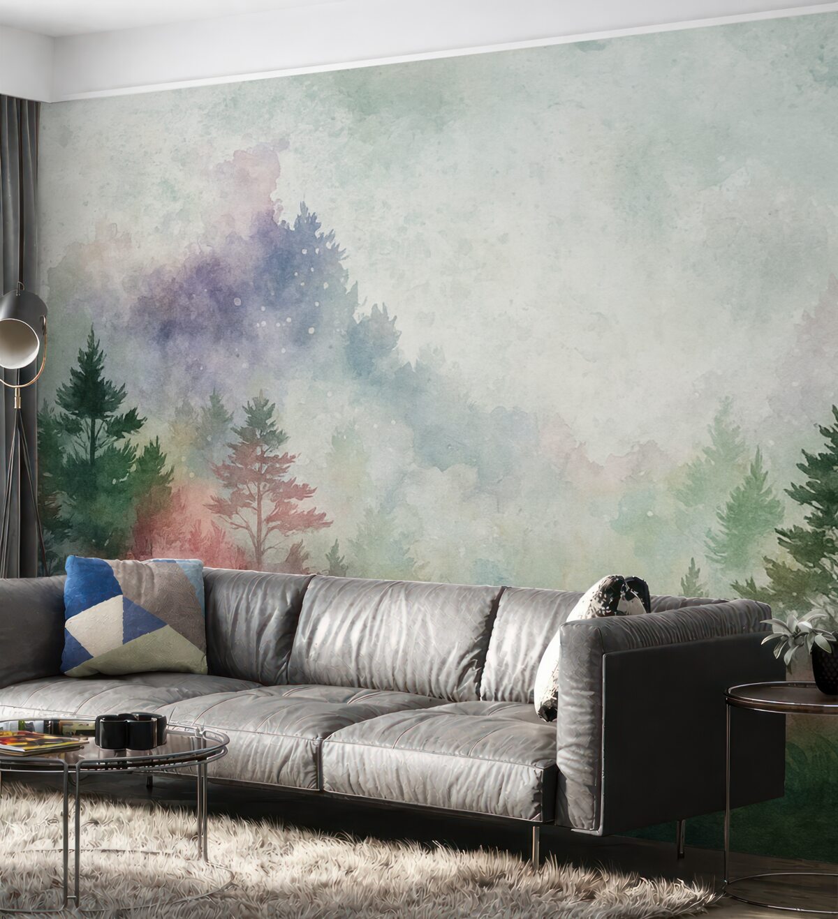 Fototapeta Las, nawiązujący do akwareli z różowymi plamkami.