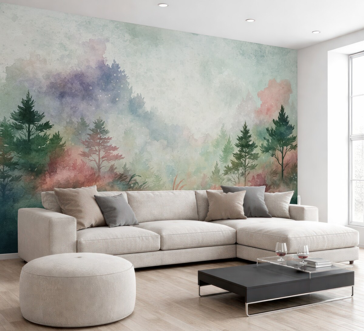 Fototapeta Las, nawiązujący do akwareli z różowymi plamkami.