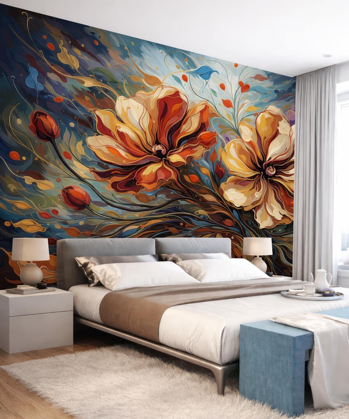 Fototapeta Wielkie abstrakcyjne kwiaty w odcieniach żółtym i pomarańczowym.