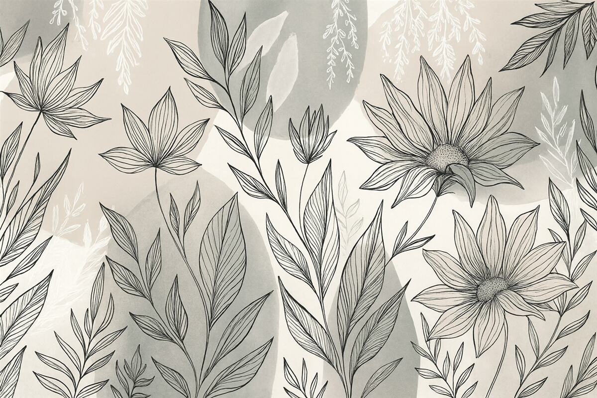 Fototapeta Kwiatowa ilustracja liniowa z dużymi liśćmi i kwiatami na tle beżowych oraz niebieskich farb akwarelowych.