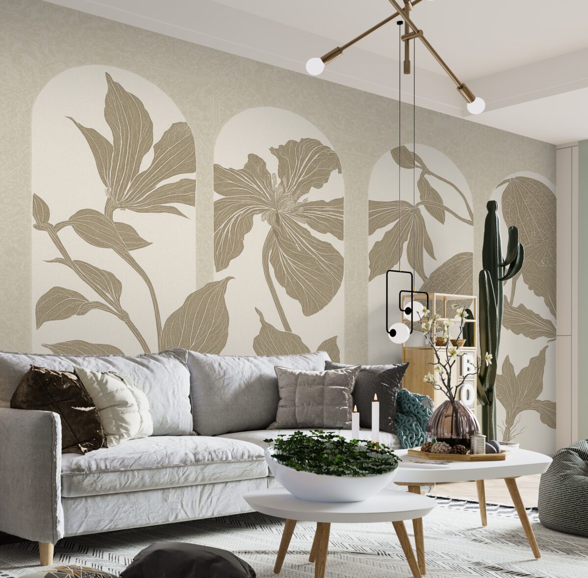 Fototapeta Stylowe łuki z florystycznymi motywami w odcieniach beżu i bieli, na fakturowanym beżowym tle, minimalistyczna estetyka.