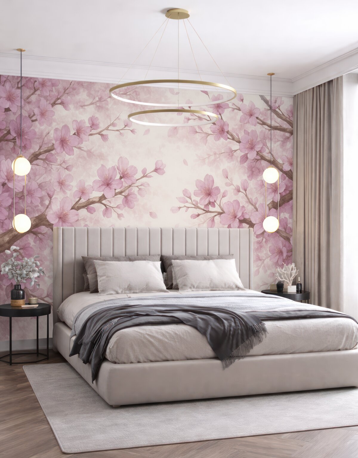 Fototapeta Gałązki kwiatów z różowymi płatkami, subtelne odcienie, wrażliwe detale, technika akwareli, na jasnym tle.