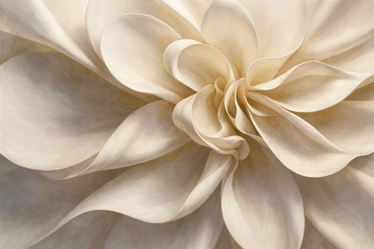 Fototapeta Biały pastelowy teksturowany kwiat minimalistyczny z delikatnymi płatkami, lekki i eteryczny, na białym tle.