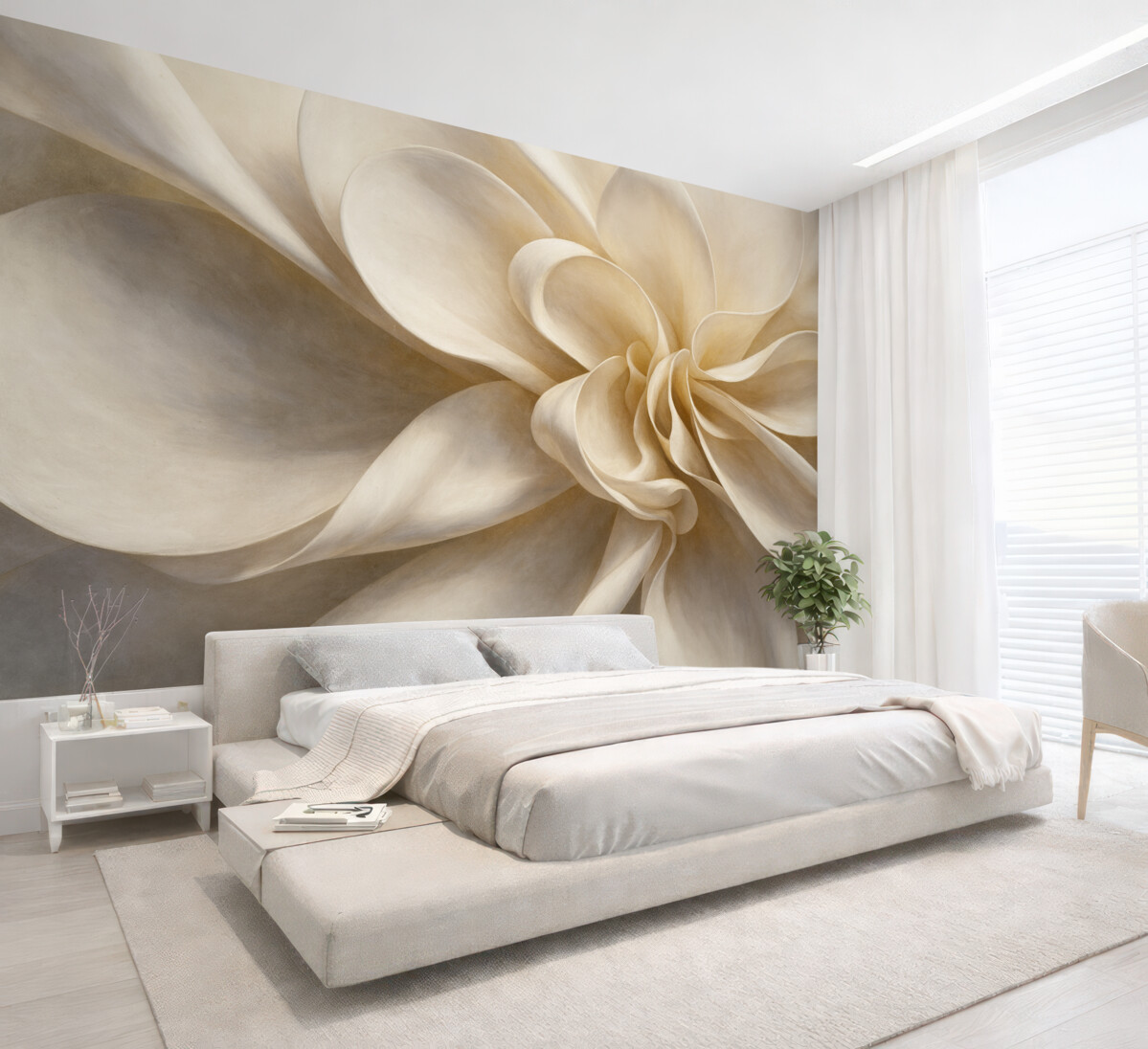 Fototapeta Biały pastelowy teksturowany kwiat minimalistyczny z delikatnymi płatkami, lekki i eteryczny, na białym tle.